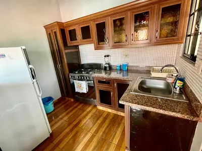 a kitchen with a sink and a refrigerator at Oasis de paz 2 in Jarabacoa
