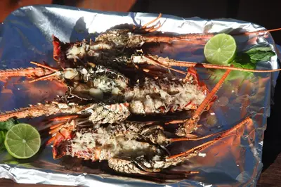 a pile of lobsters on a plate with lime at Chaykovski Boutique H in Las Terrenas