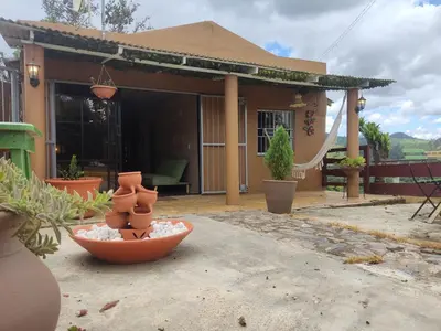 a house with a plant in a bowl in front of it at Chulavista Constanza casa campito in Arroyo Frío