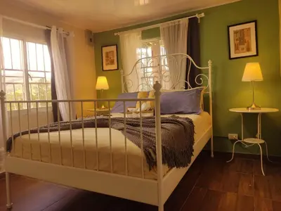 a bedroom with a bed and a green wall at Chulavista Constanza casa campito in Arroyo Frío