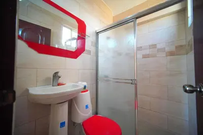 a bathroom with a shower and a toilet and a sink at 2 Bedroom 2 Bathroom Apartment- Corales del Sur Ole Las Americas- Isabelita in La Viva