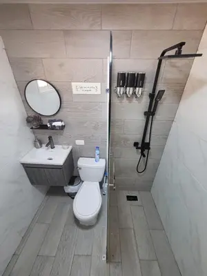 a bathroom with a toilet and a sink and a shower at La casita de Gazcue in Santo Domingo