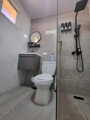a bathroom with a toilet and a shower at La casita de Gazcue in Santo Domingo