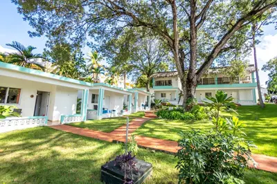 a house with a large tree in the yard at Bungalow #7 at Waterfront Playa Alicia in Sosúa