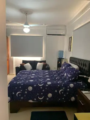 a bedroom with a bed with a blue comforter at Entire Apartment Tu Nido De Amor netflix Wifi in Santo Domingo