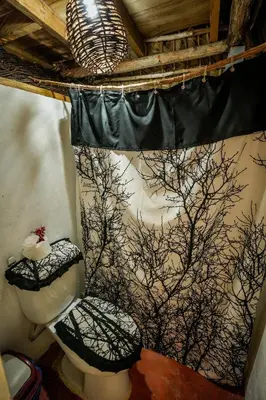 a bathroom with a toilet and a shower curtain at Valle Bucana in Santa Bárbara de Samaná
