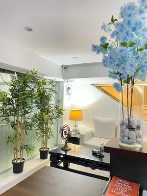 a living room with three potted plants and a couch at RIG Casa Conde in Santo Domingo