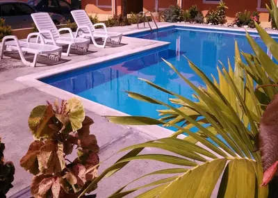 a swimming pool with chairs and a table and a plant at Apartahotel Next Nivel - Queen Room in Punta Cana