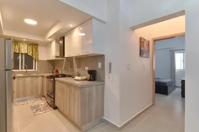 a kitchen with wooden cabinets and a counter top at Dom. Rep. Exclusive 2 bed Apt. Evaristo Morales in Santo Domingo