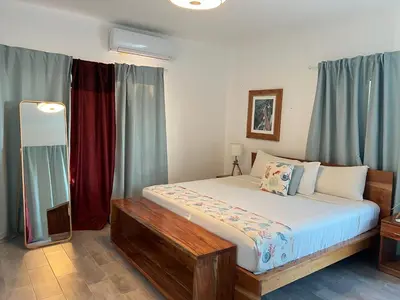 a bedroom with a large bed with blue curtains at Apartamento Carey in Cabrera