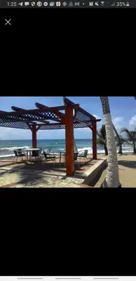 a picnic shelter on the beach with a palm tree at Apartamento estudio frente al mar in Guayacanes