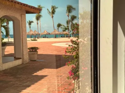 a view of a beach with palm trees and the ocean at Paradise Suite Cadaqués in Bayahibe