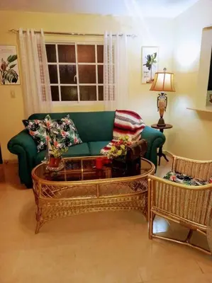 a living room with a green couch and a coffee table at Acogedor Espacio en Santo Domingo Este. in Mandinga