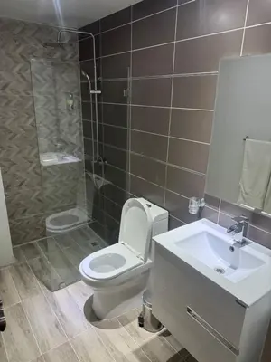 a bathroom with a toilet and a sink and a shower at AMG Suites Apartment in Santo Domingo
