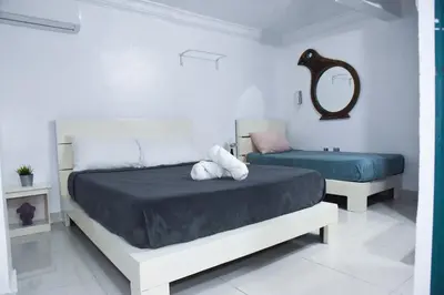 a white bedroom with two beds and a mirror at Hostel Gato Colonial in Santo Domingo