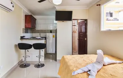 a bedroom with a bed with a stuffed animal on it at Modern Studio Near Airport Fast WiFi Generator in La Viva