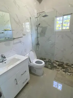 a bathroom with a toilet and a shower and a sink at Villa La Grande in Jarabacoa