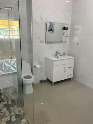 a bathroom with a toilet and a sink and a shower at Villa La Grande in Jarabacoa