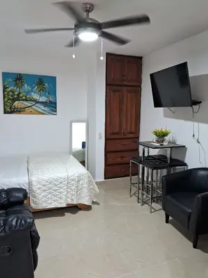 a bedroom with a bed and a flat screen tv at Cozy Studios-Private Entrance- HS Internet-AC-Hot Water-Backup Generator-near the Beach in San Felipe de Puerto Plata