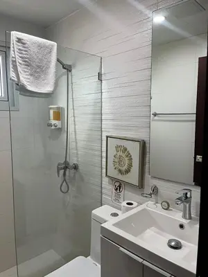 a bathroom with a toilet and a sink and a shower at SOHA SUITES II in Santiago de los Caballeros