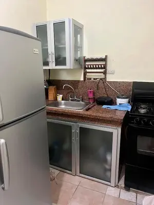 a kitchen with a stainless steel refrigerator and a sink at Hotel María Bonita Higüey, Apartments in Higuey