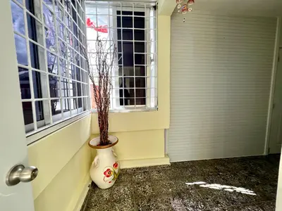 a vase with a plant in it next to a window at Hotel María Bonita Higüey, Apartments in Higuey