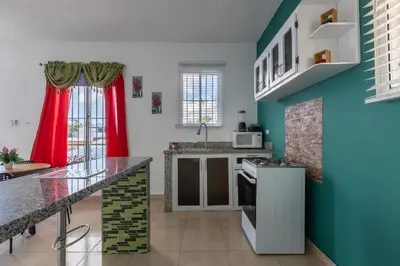 a kitchen with blue and green walls at EDMA APARTAHOTEL in Santa Bárbara de Samaná
