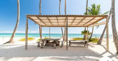 a picnic table and benches on the beach at Room beach-front with private bathroom -Adults only in Punta Cana