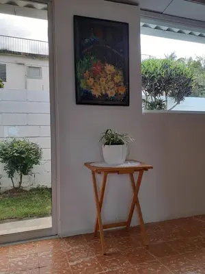 a table with a plant on it next to a painting at Apartamento Hogareño in Jarabacoa
