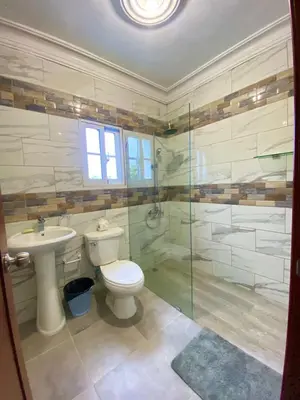 a bathroom with a toilet and a shower and a sink at Complejo Ecoturistico Rancho Cielo in Licey al Medio