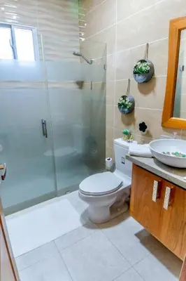 a bathroom with a shower and a toilet and a sink at Modern apartment in Santiago de Los caballeros in Santiago de los Caballeros