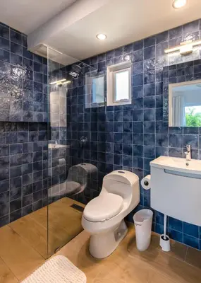 a blue tiled bathroom with a toilet and a sink at Kite Beach Oceanfront Two Bedroom Patio and Garden in Cabarete