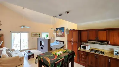 a living room with a kitchen and a room with a couch at Ocean Dream Art Deco Studio w/balcony in Cabarete