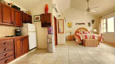 a kitchen with a bed and a refrigerator in a room at Ocean Dream Artist Loft 1st See Line in Cabarete