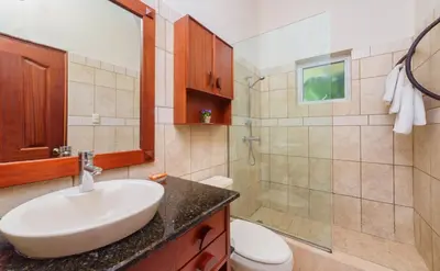 a bathroom with a sink and a shower and a toilet at Ocean Dream top floor Studio with balcony in Cabarete