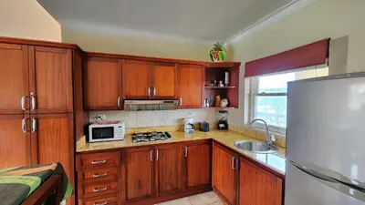a kitchen with wooden cabinets and a white refrigerator at Ocean Dream top floor Studio with balcony in Cabarete