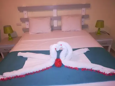two swans made out of towels on a bed at Costarena Beach Hotel in Las Terrenas