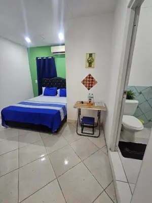 a bedroom with a bed and a toilet and a table at Wilkan Hotel in Las Terrenas