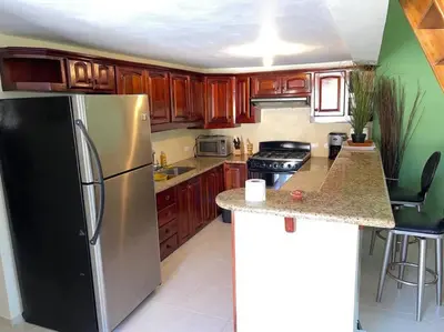 a kitchen with a stainless steel refrigerator and wooden cabinets at The Cove Apartment Second Floor 5C in Santa Bárbara de Samaná
