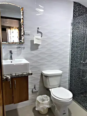 a bathroom with a toilet and a sink and a shower at Fully Equipped New 2br Apt-dt2mins To The Beach in Sosúa