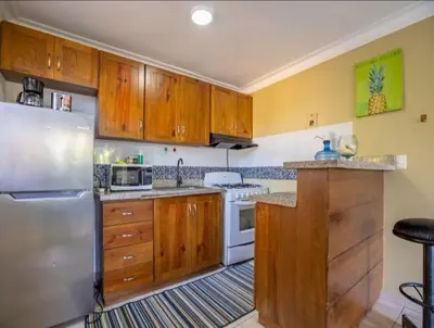 a kitchen with wooden cabinets and a stainless steel refrigerator at Cozy and Central apartment 1br-1ba with Pool in Sosúa