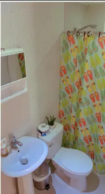 a bathroom with a toilet and a sink and a shower curtain at Central Area Bedroom With Common Kitchen, living room in Sosúa