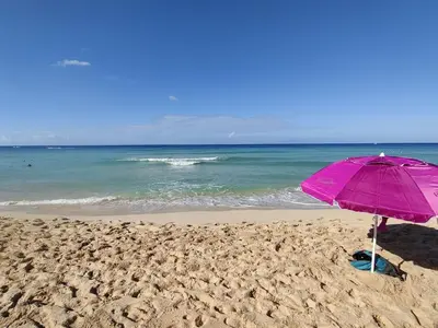 a purple umbrella on a sandy beach with the ocean at Family Dominicus Apartment - Bayahibe in Bayahibe