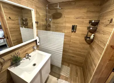 a bathroom with a sink and a shower at Noe Hotel , One Bed Room Close to The beach Room #1 in Punta Cana