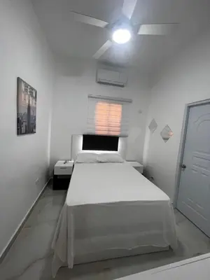 a white bedroom with a bed and a ceiling fan at Hotel Unico in Santo Domingo