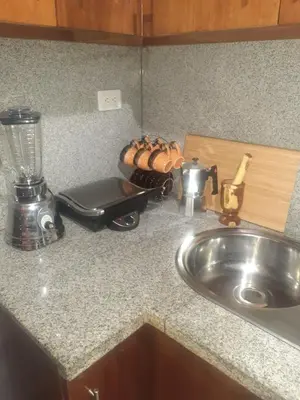 a kitchen counter with a sink and a blender at Comodas 3 Habitaciones, Wifi 1er piso in Santiago de los Caballeros