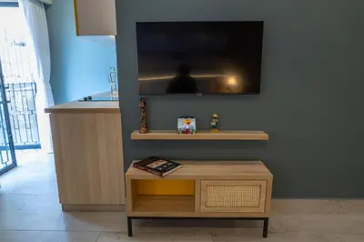 a living room with a tv and a coffee table at Casa Adefra Boutique Hotel Zona Colonial in Santo Domingo