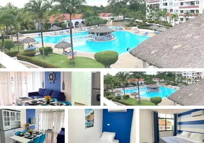 a collage of photos of a resort with a pool at Flat Anchor Marine Monte Vista in Sosúa