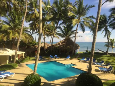 a resort swimming pool with palm trees and the ocean at La Punta Apartamentos in Cabarete