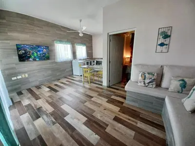 a living room with a couch and a wooden floor at Apartamentos La Torre in Río San Juan